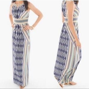 NWT Chico's Multi Color Ikat Geometric Halter Top Long Maxi Dress Size 1 Medium